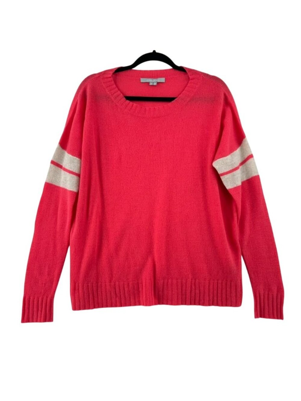 Sea Bleu 100% Cashmere Sweater Women's M Coral Red Striped Sleeves Crewneck